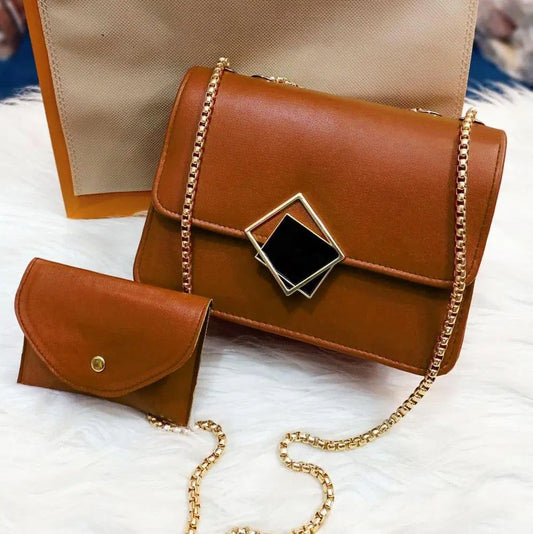 2 Pcs PU Leather Hand Bag With Long Golden Chain For Girls (Black)